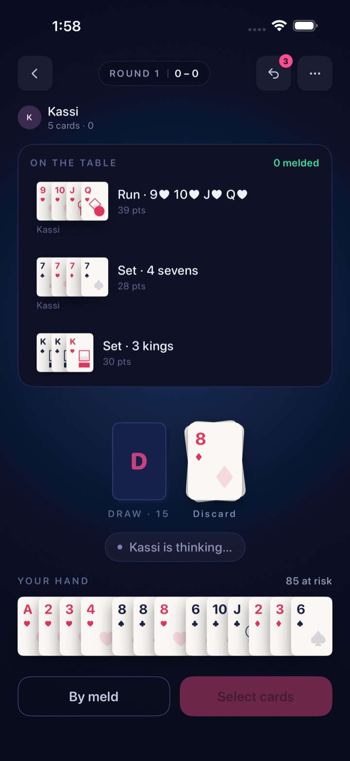 A 500 Rummy hand in Deckla: the opponent's run of hearts and sets of sevens and kings face up on the table, the stock and discard piles below them, and a hand fanned along the bottom.